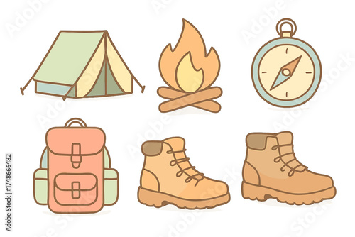 Adventure essentials for camping in the wilderness with a tent, campfire, and hiking gear