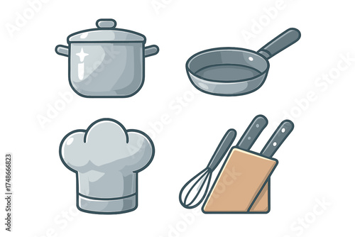 Kitchen utensils and chef's hat illustrate essential tools for cooking at home and professional kitchens