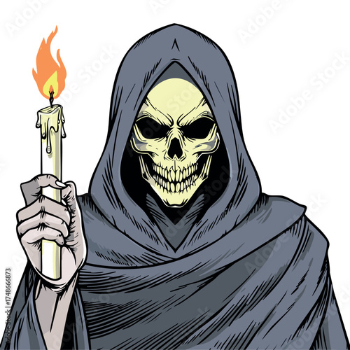 The Phantom wearing a half mask and dark cape, candle in hand