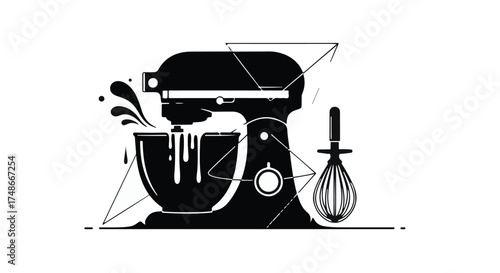 Stylish black stand mixer with whisk attachment and splashing batter, perfect for baking inspiration