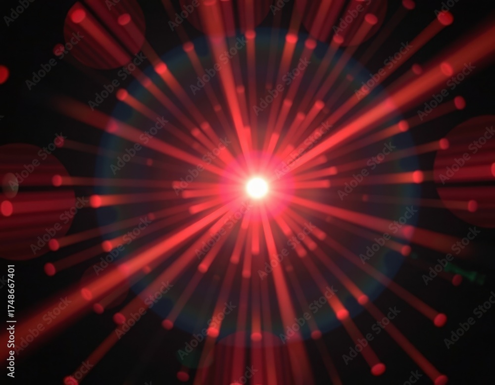 Fototapeta premium Abstract red lens flare, vibrant light burst on black background, glowing energy, bokeh effect, overlay, black, lens flare