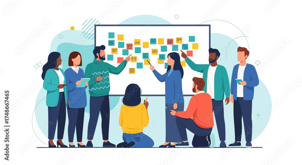 Fototapeta premium Team brainstorming session with sticky notes on a board and a diverse group