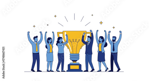 Team Celebrating Victory: Success And Achievement Depicted With Trophy And Idea