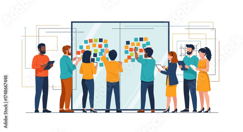 Team brainstorming session with sticky notes and presentations in the office