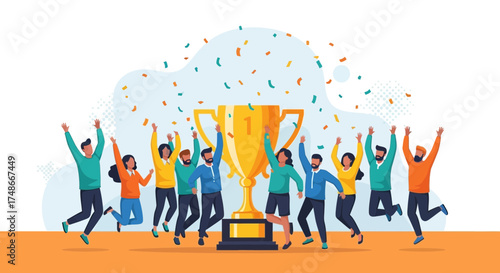 Team celebrating victory standing near a trophy with confetti falling down in the sky