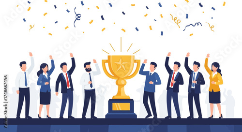 Team celebrating victory with a trophy after achieving great business success