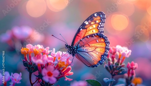 A close-up photograph shows a monarch butterfly perched on delicate pink and yellow flowers with a soft, colorful bokeh background