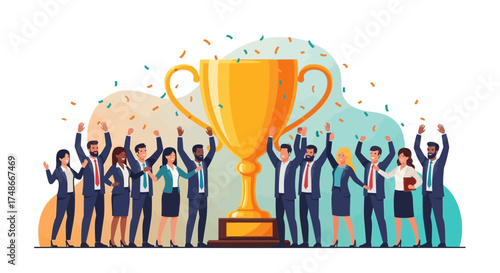 Team Celebrating Victory With A Trophy And Confetti, Achieving Ultimate Success Together