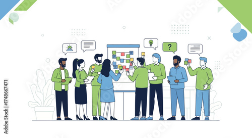 Team brainstorming session with sticky notes on a whiteboard for a project