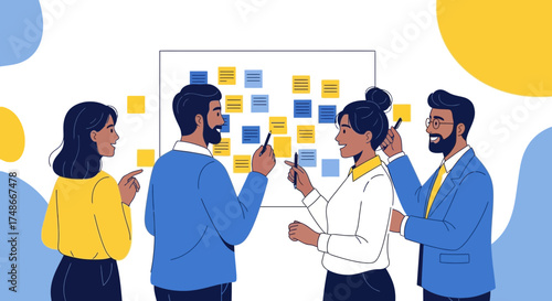 Team brainstorming session with sticky notes on whiteboard illustrating collaboration