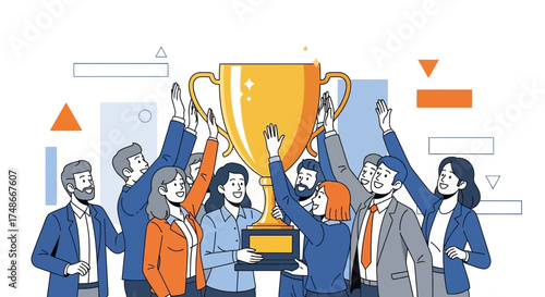 Team Celebrates Achievement Holding A Golden Trophy Of Reward And Success