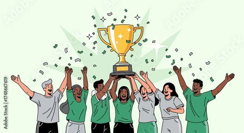 Team Celebration Moment Champions Holding Trophy With Confetti And Jubilation