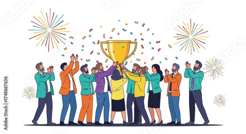 Team Celebration Winning Trophy Concept Illustration With Fireworks And Confetti Details