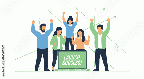 Team Celebrates Launch Success with Joyful Expressions and Festive Elevations