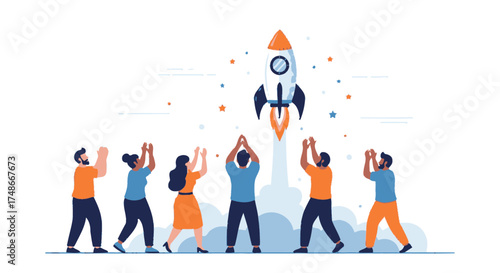 Team Cheering For Rocket Launch, Showing Success, Business Growth, New Beginnings Achieved