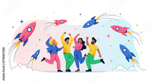 Team Celebrates Startup Success As Rockets Ascend Into The Digital Sky