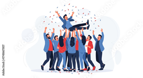 Team Celebrates Success with Person Toss, Joyful Gesture, and Colorful Confetti Shower