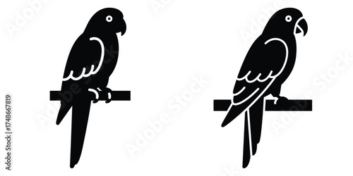 parrot on branch silhouette pets vector icon set