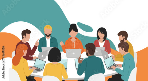 Team Collaboration and Communication in a Modern Office Environment with Laptops