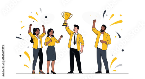 Team Celebrates Success, Achieving Goals: Champions Hold Trophy with Joyous Group