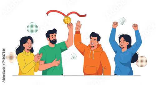 Team Celebrates Success, Raising Hands And Sharing Moment Of Triumph With A Medal Symbol
