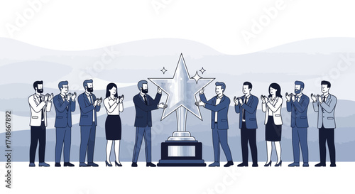 Team Celebrates Successful Goal Achievement With Award Trophy and Corporate Recognition