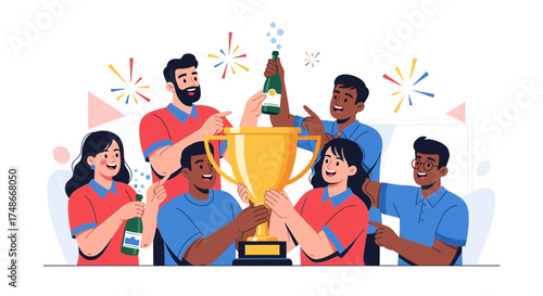 Team Celebrates Victory With Golden Cup and Champagne Bottles After Success Celebrations