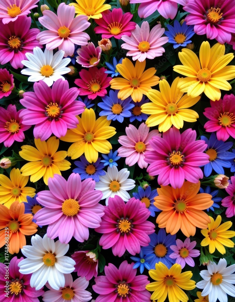 Fototapeta premium Vibrant floral background with a profusion of colorful blooms, perfect for spring or summer designs, cards, or websites, botany, pattern, backdrop