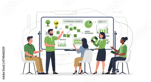 Team discussing sustainable growth and green initiatives in an office setting