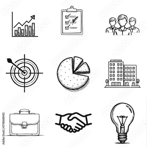 Business and finance doodle icons set with graphs and charts  