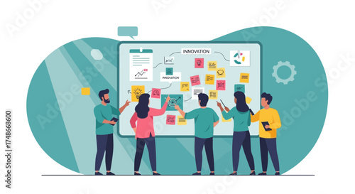 Team examining a business idea on a whiteboard  discussing innovation strategy plans