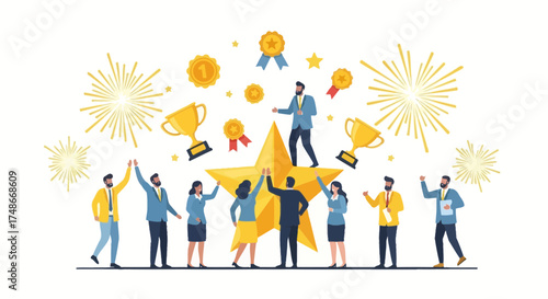 Team Celebrating Success and Achievements with Trophies, Medals and Star Illustrations