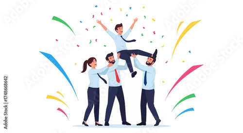 Team Celebrating Success: Colleagues Supporting Each Other and Showering with Confetti Joy