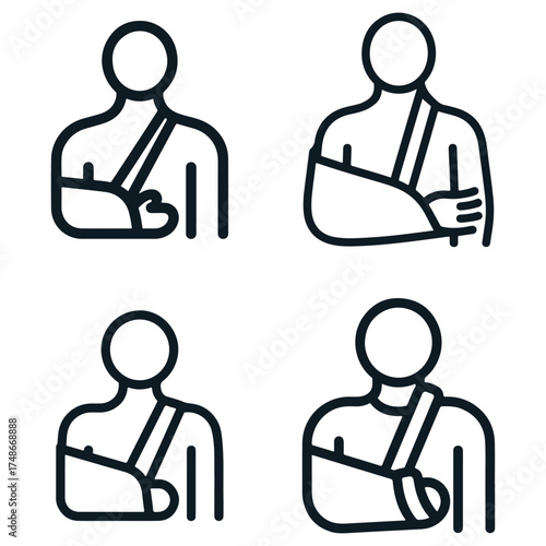 Set of four simple line art icons representing people with arm slings and bandages for injuries