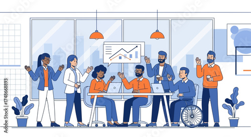 Team members in business attire discussing the financial growth report in the office