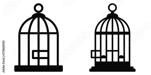 bird cage silhouette pets vector icon set