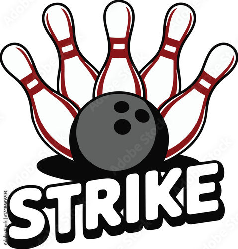 Bowling strike with pins and ball and the word strike in bold lettering