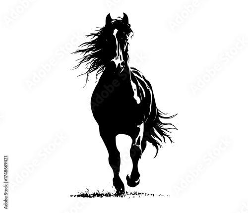 a black and white silhouette of a horse galloping on grassblack, blow, grass, horse, mane, profile, run, white, wind 
