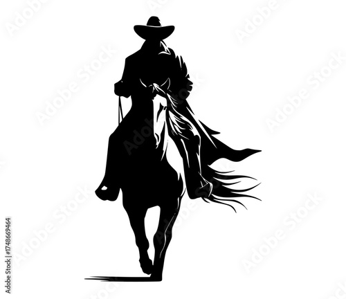 a silhouette of a cowboy riding a horseblack, cowboy, cowboy hat, horse, horseback, lasso, man, profile, ride, sun hat, woman 
