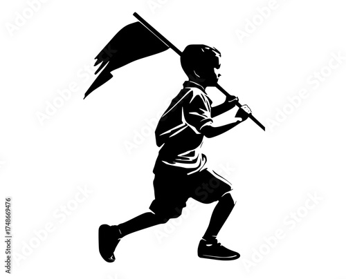 a silhouette of a boy playing a flute with a flagblack, boy, broom, catch, flag, illustration, man, pitchfork, profile, rake, run, shovel, spear 