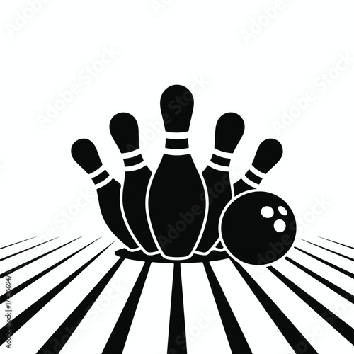 Black and white silhouette of bowling pins and ball on a lane with perspective lines