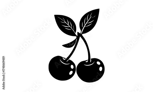 a simple black and white illustration of two cherries with leavesblack, cherry, leaf, plant, plum, profile, sprout, stem, white 