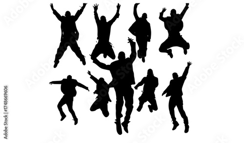 a group of silhouettes of people jumping in the airillustration, jump, karate, man, martial, person, pose, profile 