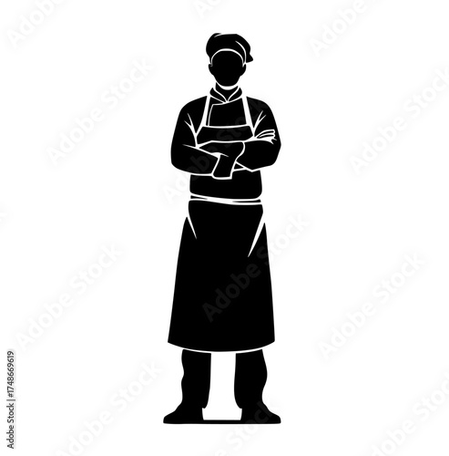 a black and white silhouette of a chef with crossed armsapron, arm, black, cross, dress, illustration, man, profile, robe, stand, wear 