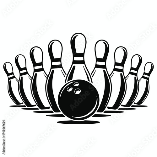 Classic bowling pins and ball arranged in a triangle formation ready for a strike
