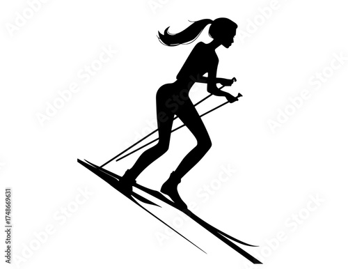 a silhouette of a woman cross country skiingblack, girl, profile, ski, skier, woman 