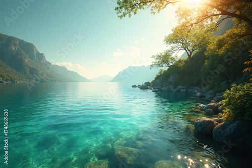 Summer landscape with highlands lake at sunny day. Availability of fresh water recource.