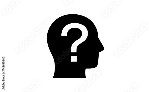 a black and white icon of a human head with a question mark insideblack, head, icon, illustration, image, key, lock, man, person, profile, rectangle, square, symbol, white 