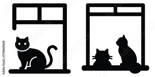 cat on window silhouette pets vector icon set