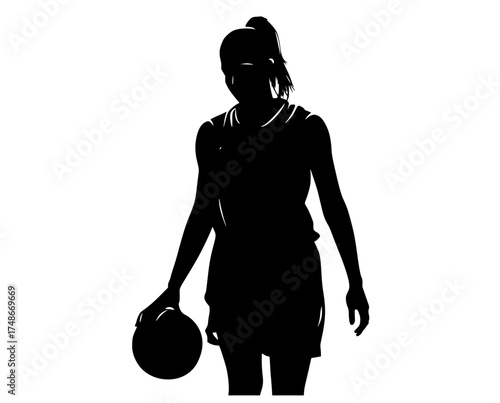 a silhouette of a female basketball player holding a basketball, black, catch, girl, hand, profile, woman 